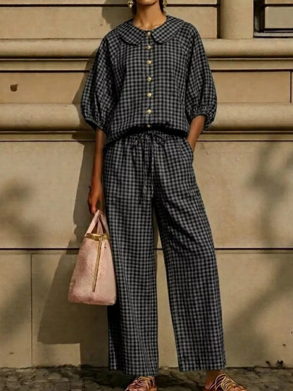 Bettina gingham blouse and wide-leg pants set in black gingham, by Pinup Girl Clothing
