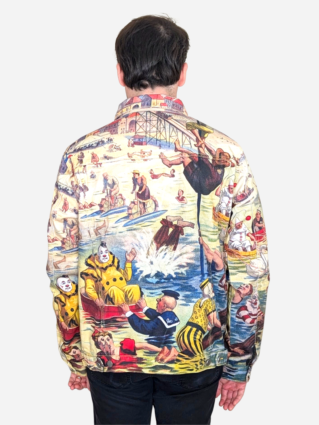 Back view of the Bathing Clown Denim Jacket showing the seaside clown illustration
