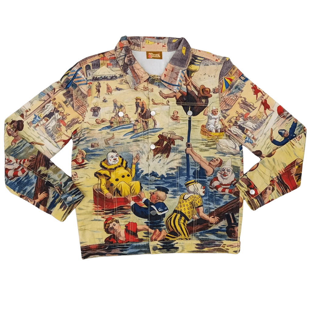 Bathing Clown Denim Jacket laid flat, cream denim printed with a vintage illustration of clowns splashing in the sea