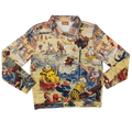 Bathing Clown Denim Jacket laid flat, cream denim printed with a vintage illustration of clowns splashing in the sea
