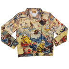Bathing Clown Denim Jacket laid flat, cream denim printed with a vintage illustration of clowns splashing in the sea