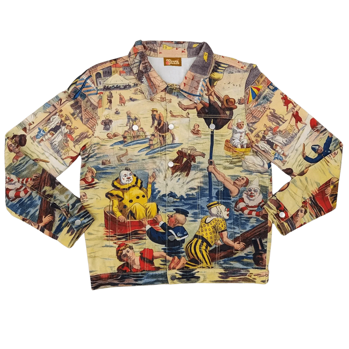 Bathing Clown Denim Jacket laid flat, cream denim printed with a vintage illustration of clowns splashing in the sea