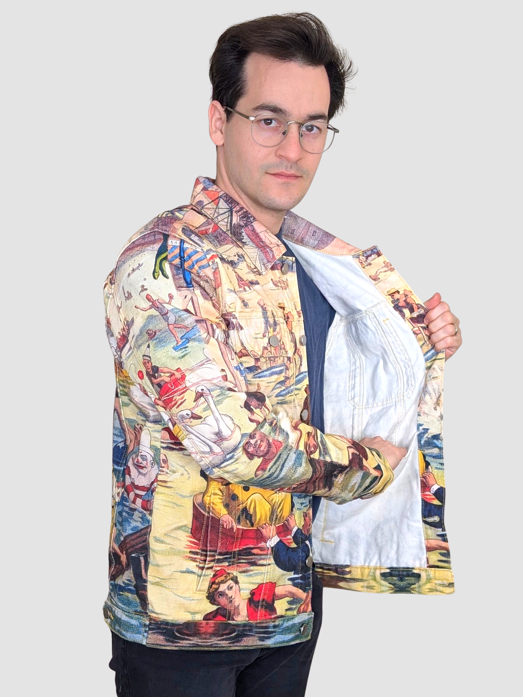 Bathing Clown Denim Jacket pulled open to show the light inside