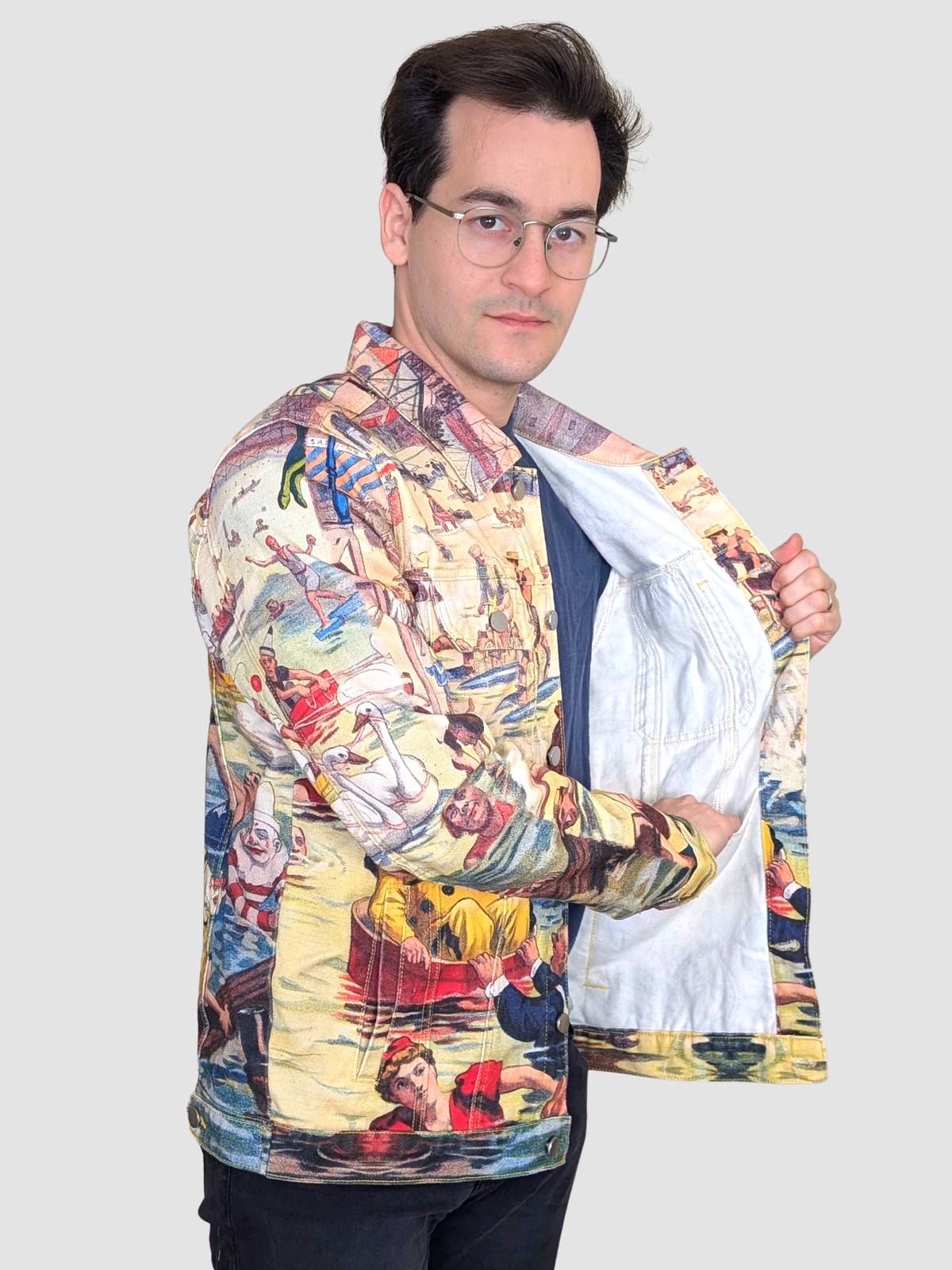 Bathing Clown Denim Jacket pulled open to show the light inside