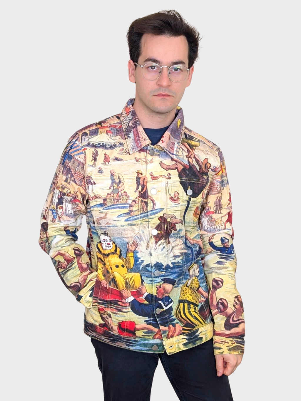 Bathing Clown Denim Jacket worn buttoned, slight turn to show the printed sleeves