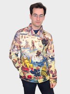 Bathing Clown Denim Jacket worn buttoned, slight turn to show the printed sleeves