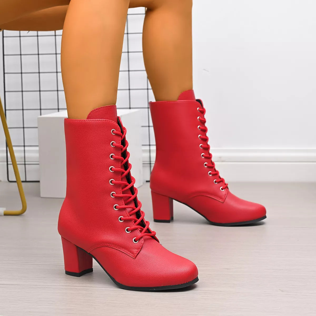 Victoria lace-up block heel granny boots in red