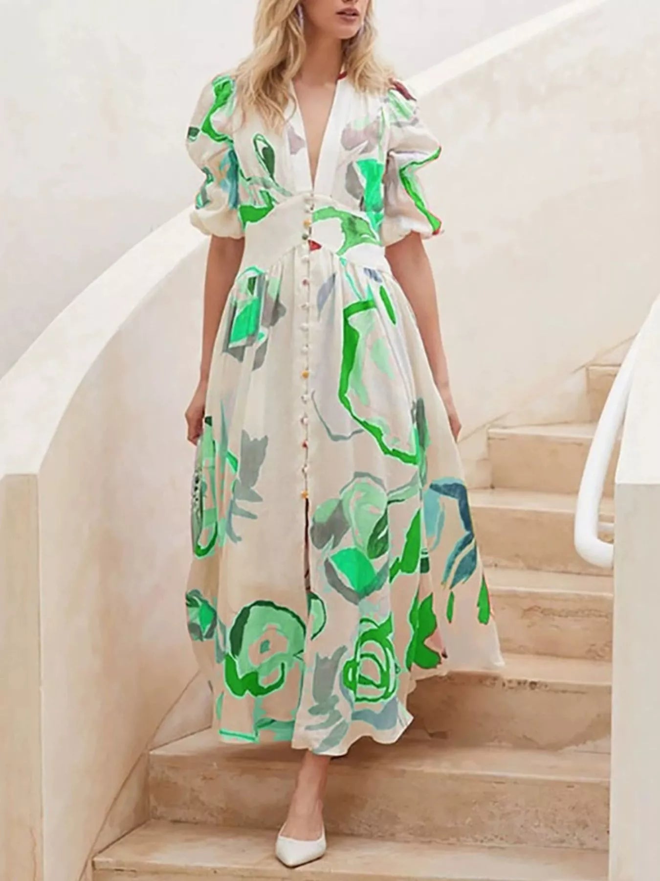 Genevieve painted print puff sleeve maxi dress in green by Pinup Girl Clothing