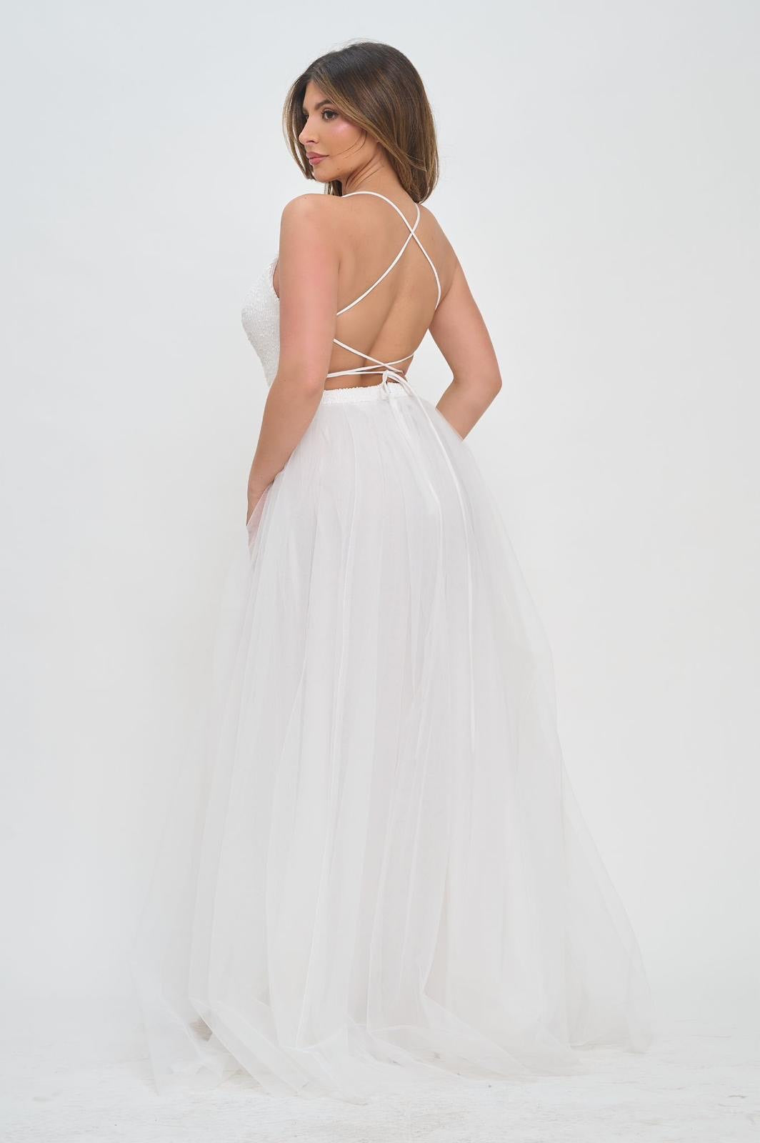 Isabella Criss-Cross Back Sequin Tulle Maxi Dress with Side Slit