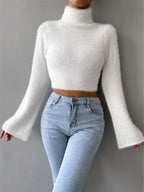 Bell Ringer Cropped Turtleneck Sweater in white by Pinup Girl Clothing