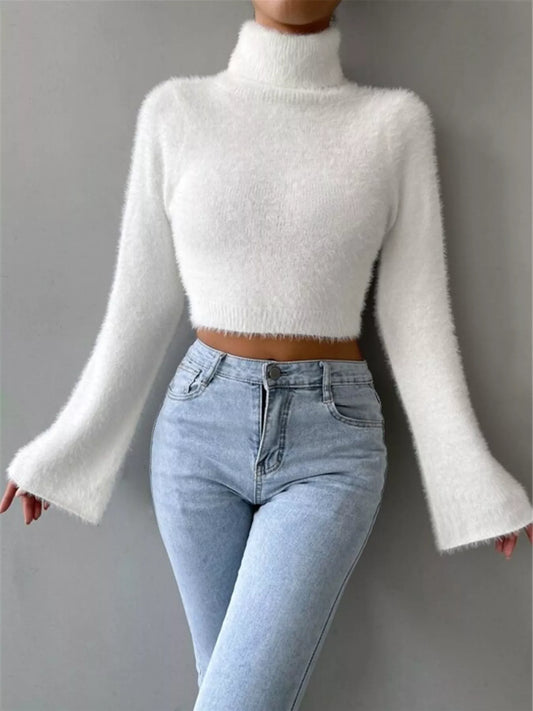 Bell Ringer Cropped Turtleneck Sweater in white by Pinup Girl Clothing