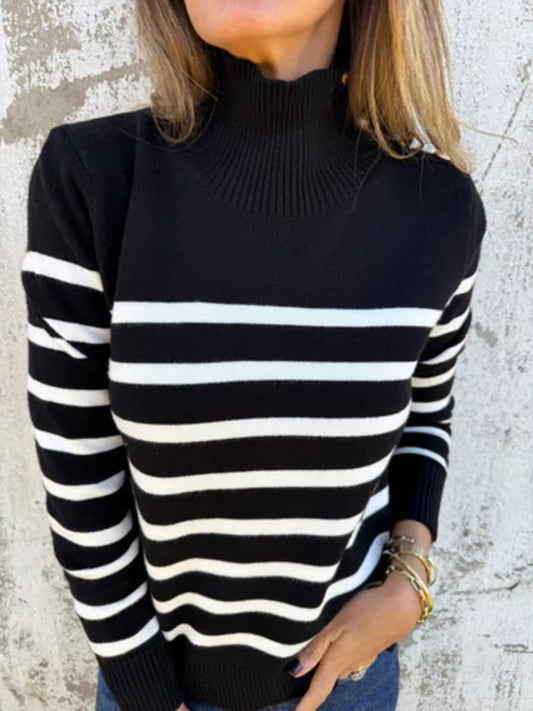 Marquee stripe button-detail turtleneck sweater in black by Pinup Girl Clothing