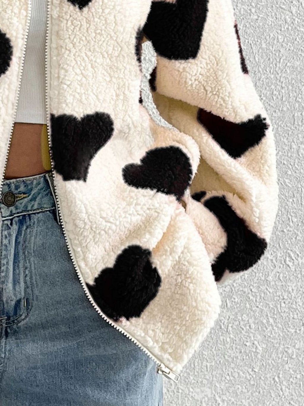 Aria Heart Zip Up Drop Shoulder Furry Jacket | 3 Colors