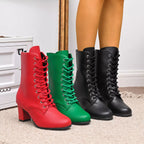 Victoria lace-up block heel granny boots in green, black and red