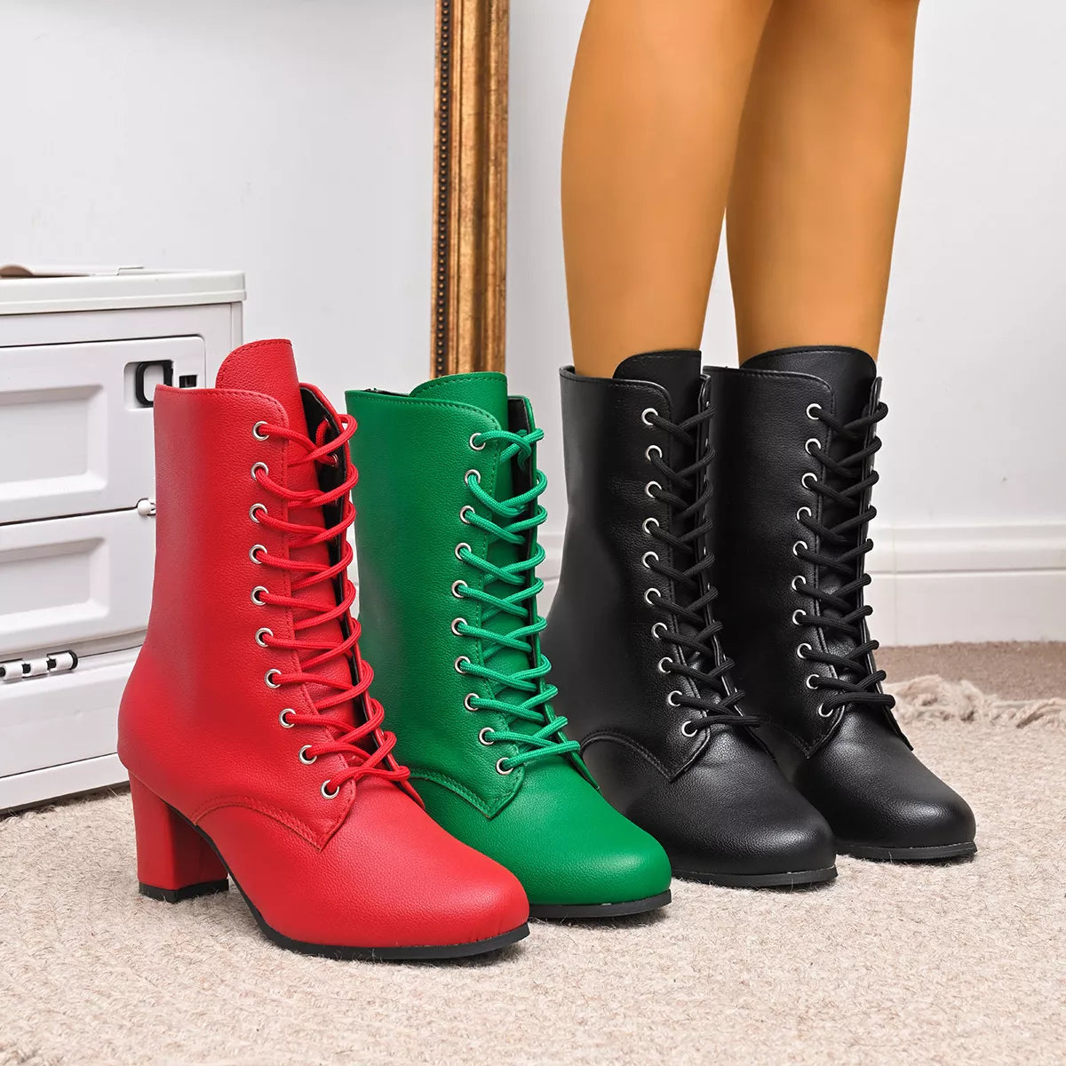 Victoria lace-up block heel granny boots in green, black and red