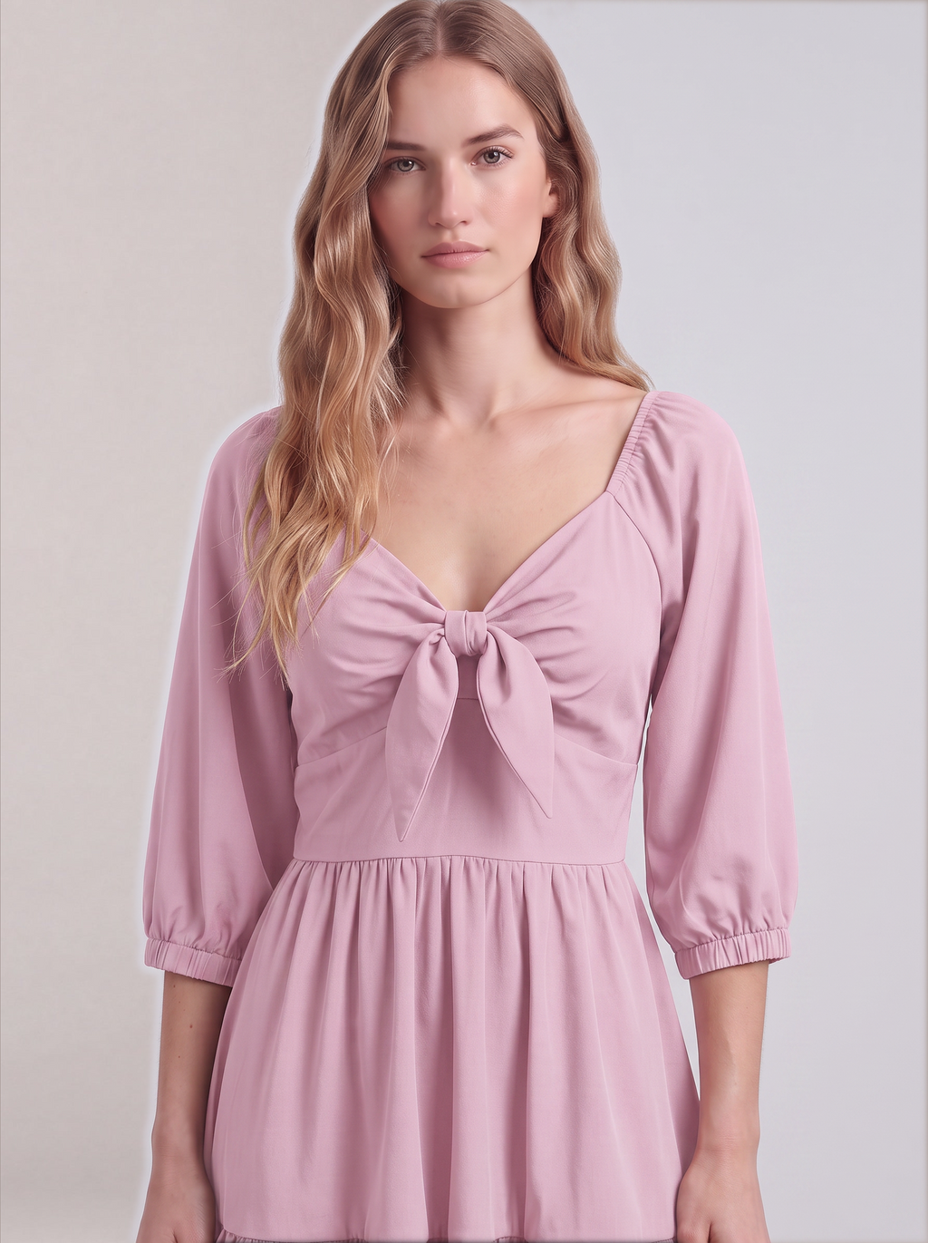 Close-up of the tie-front sweetheart bodice and elasticized sleeve cuffs on the Pinup Girl Pink Molly Mini dress.