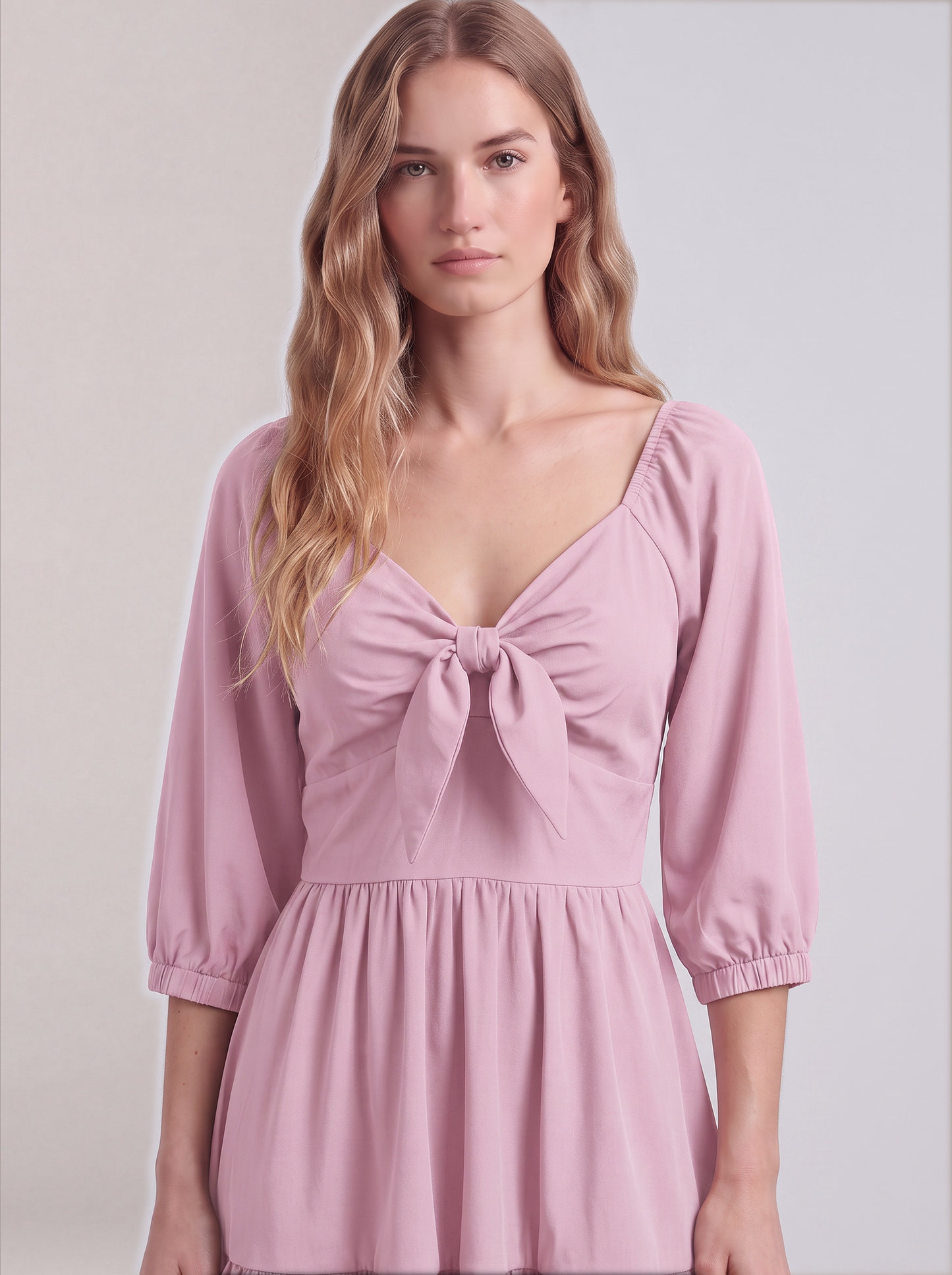 Close-up of the tie-front sweetheart bodice and elasticized sleeve cuffs on the Pinup Girl Pink Molly Mini dress.