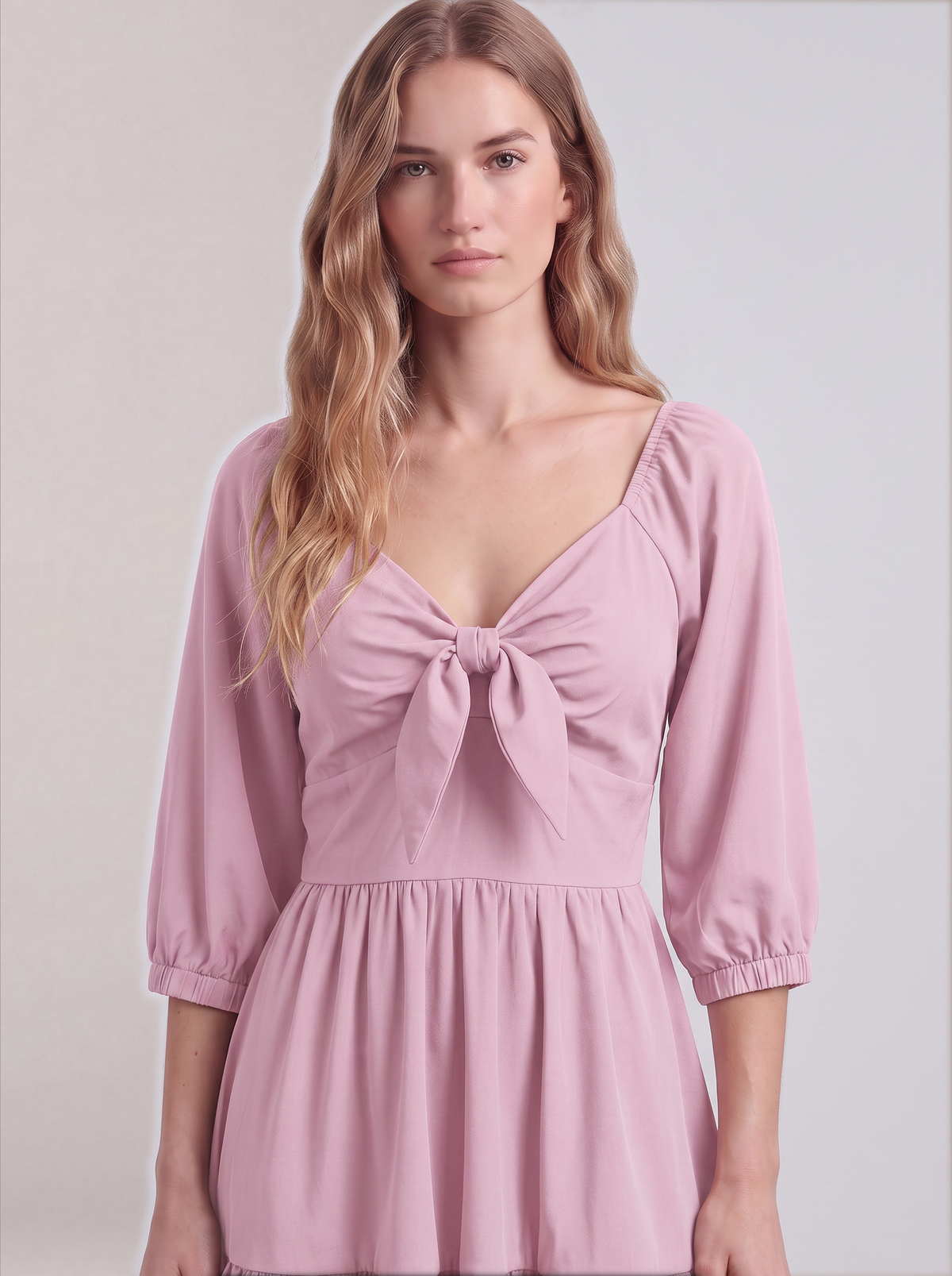 Close-up of the tie-front sweetheart bodice and elasticized sleeve cuffs on the Pinup Girl Pink Molly Mini dress.