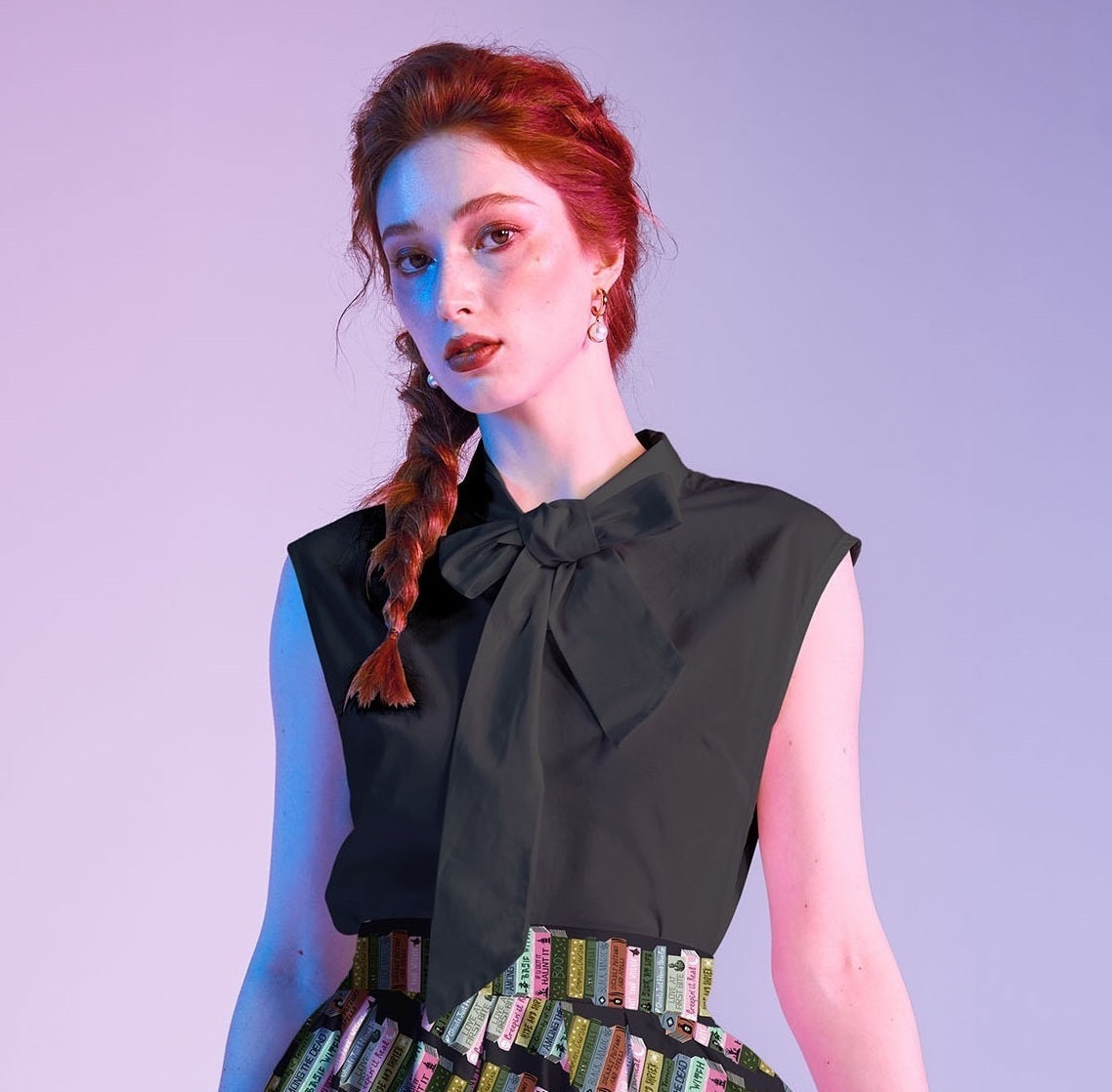 Black Bow Top, a 1950s sleeveless cotton blouse with an oversized neck bow