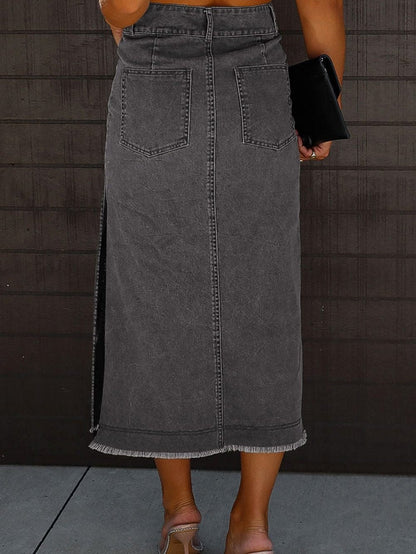 Vintage Washed Split Denim Skirt with Zipper Closure and Pockets
