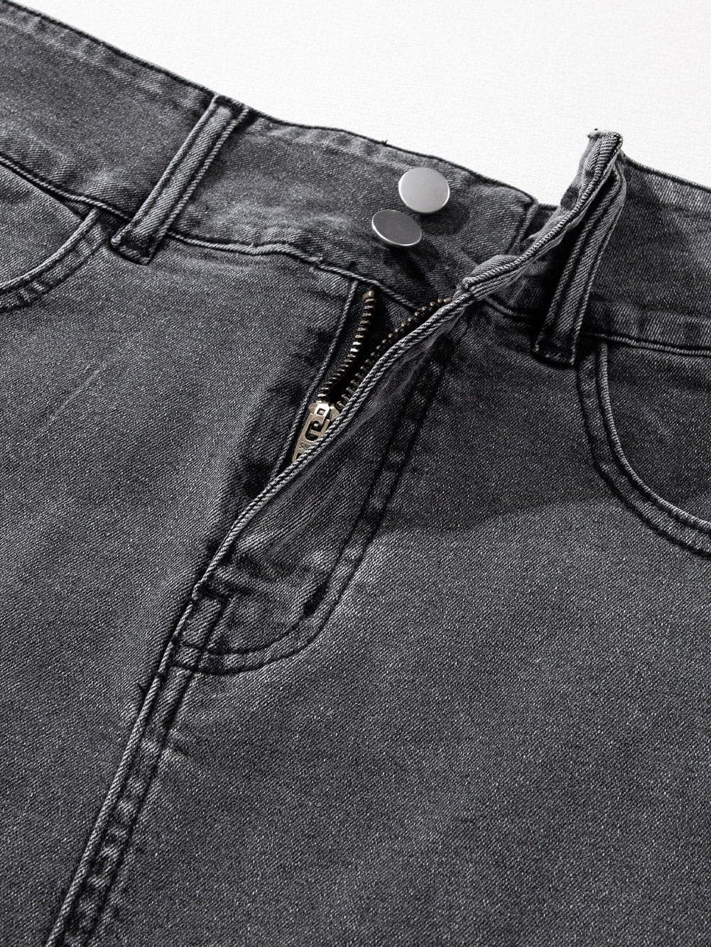 Vintage Washed Split Denim Skirt with Zipper Closure and Pockets