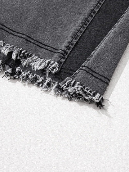 Vintage Washed Split Denim Skirt with Zipper Closure and Pockets