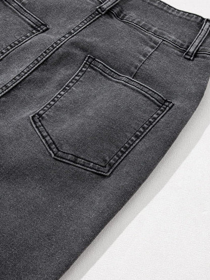 Vintage Washed Split Denim Skirt with Zipper Closure and Pockets