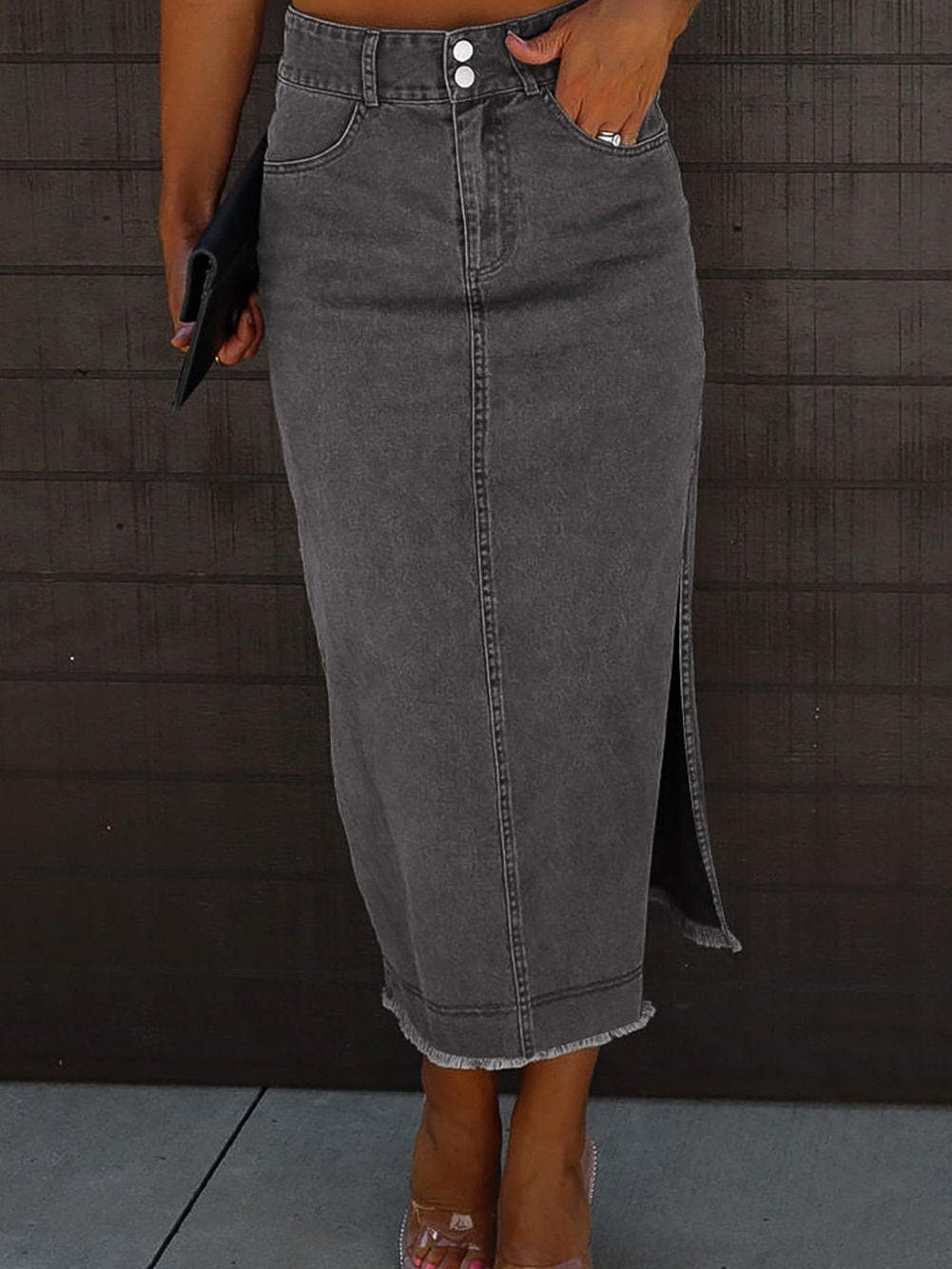 Vintage Washed Split Denim Skirt with Zipper Closure and Pockets