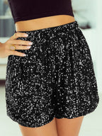 Black sequin high waist tap shorts, side view