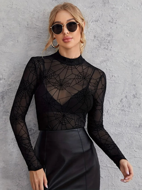 Black Widow sheer mesh spiderweb top in black, front