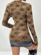 Black Widow sheer mesh spiderweb top in khaki, back view
