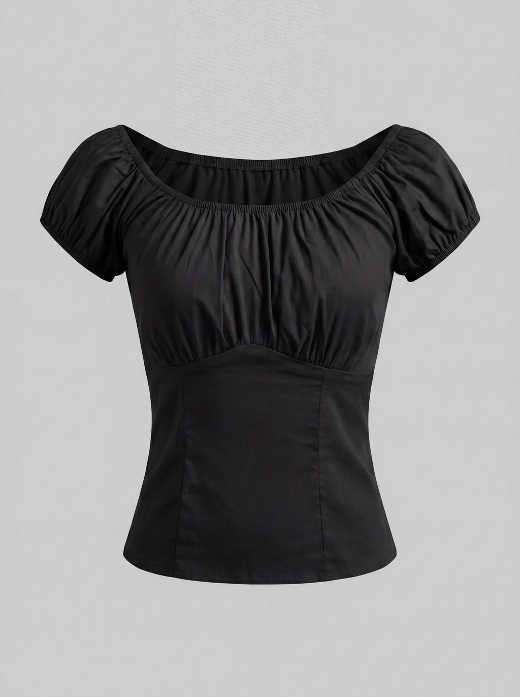 The Gathered Peasant Top in solid black stretch sateen by Pinup Girl Clothing, sizes XS to 5X.