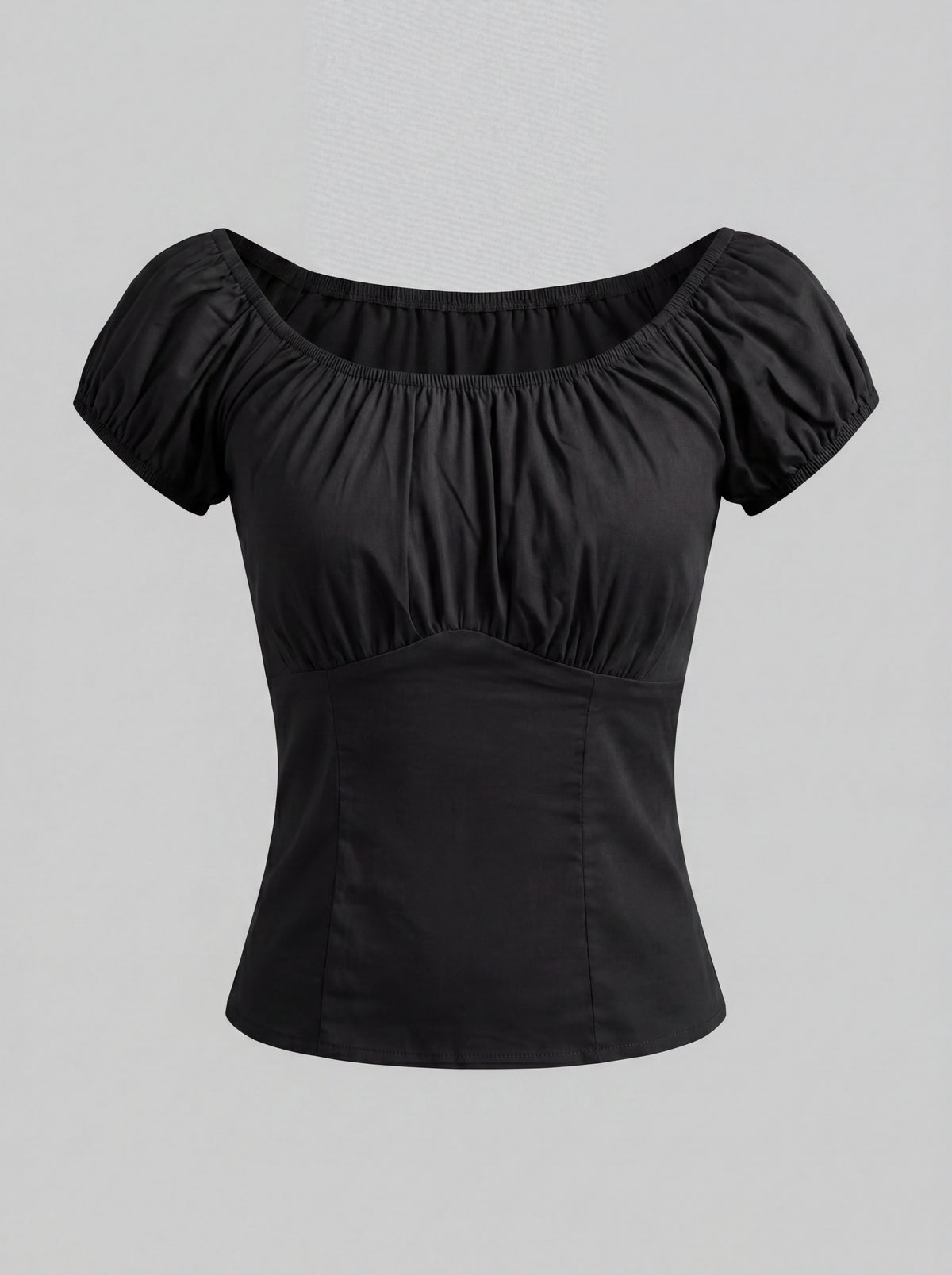 The Gathered Peasant Top in solid black stretch sateen by Pinup Girl Clothing, sizes XS to 5X.