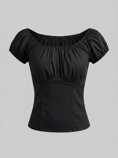 The Gathered Peasant Top in solid black stretch sateen by Pinup Girl Clothing, sizes XS to 5X.