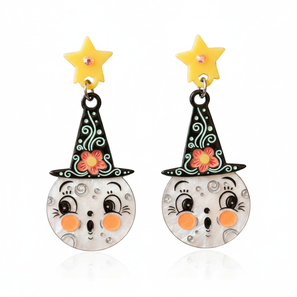 Bloomin' Luna Witch Earrings, floral moon witch drop earrings