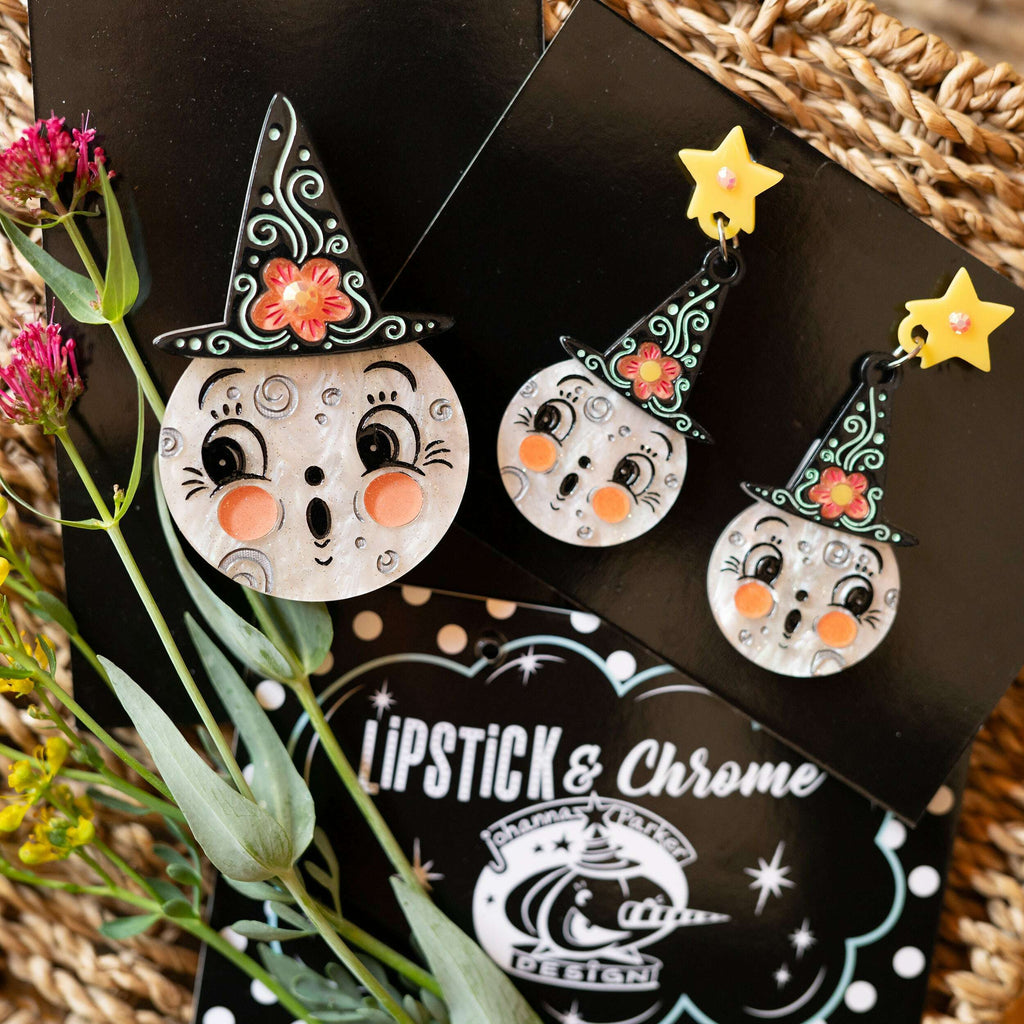 Bloomin' Luna Witch Earrings, floral moon witch drop earrings (view 3)