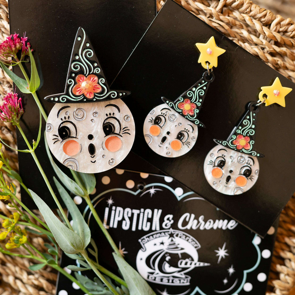 Bloomin' Luna Witch Earrings, floral moon witch drop earrings (view 3)