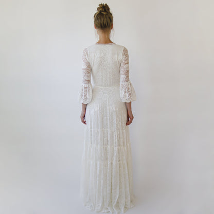 Juniper ivory lace gown, front view showing the wrap bodice and floor-length skirt