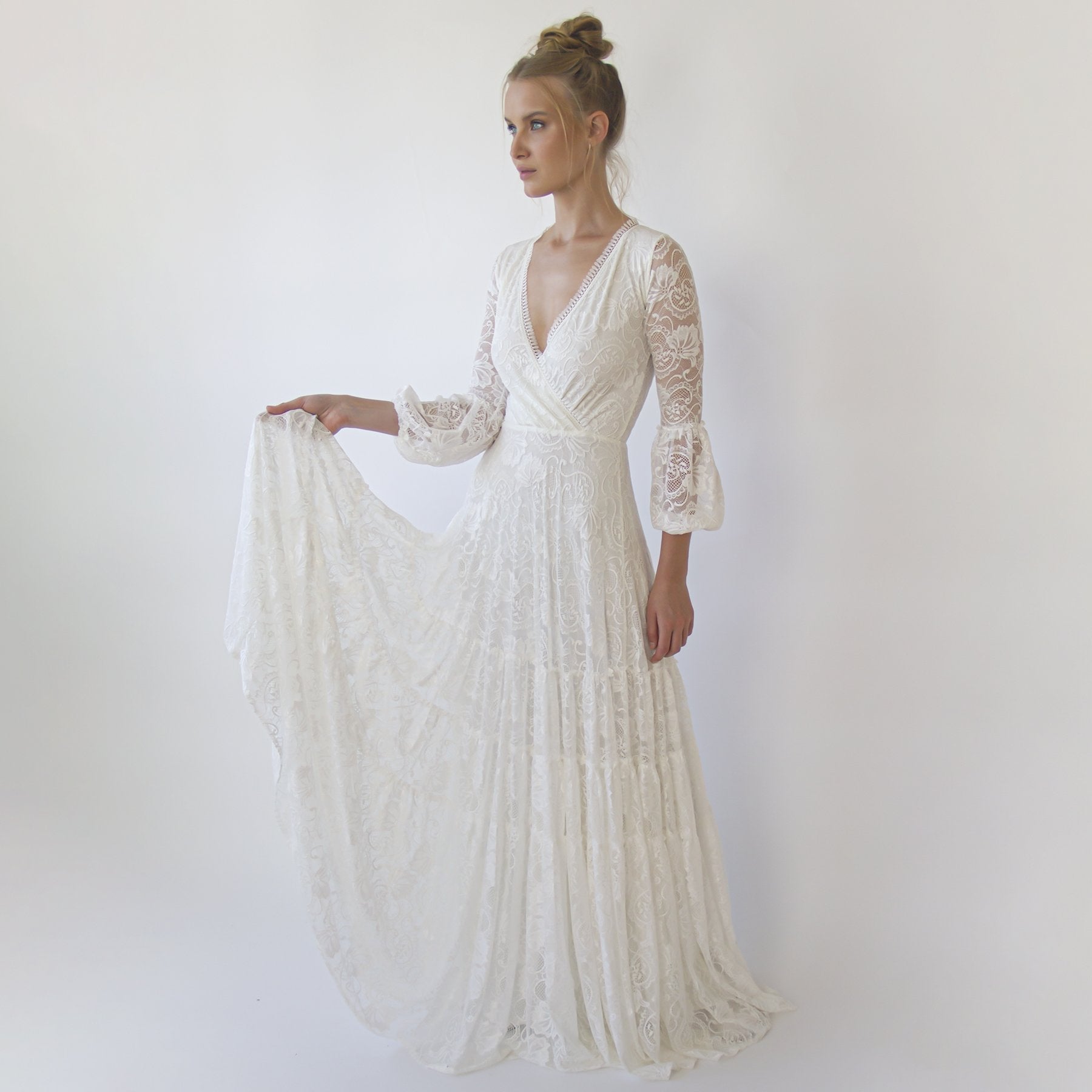 Juniper ivory fringed lace wrap gown, additional view