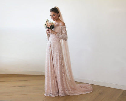 Blush tulle bridal veil side view