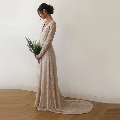 Colette champagne gown long narrow lace sleeve detail