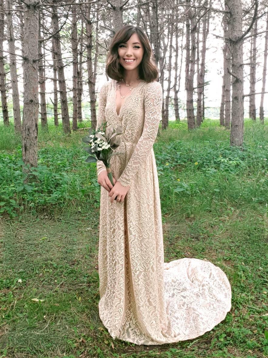 Colette Lace Wrap Gown with Train in Champagne