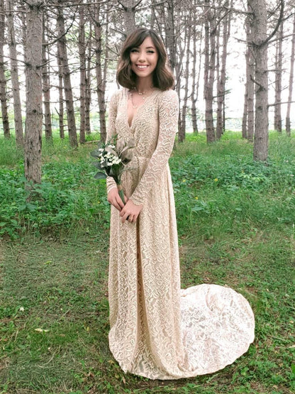 Colette Lace Wrap Gown with Train in Champagne