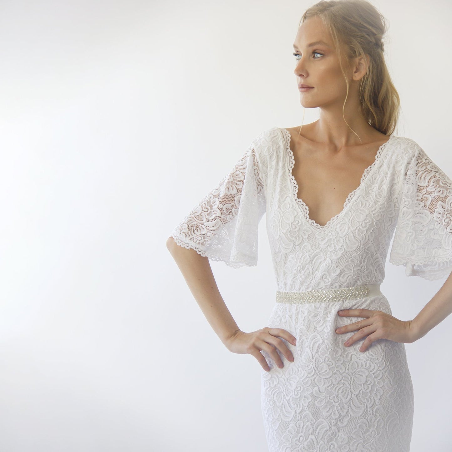 Delphine ivory gown removable beaded sash belt detail