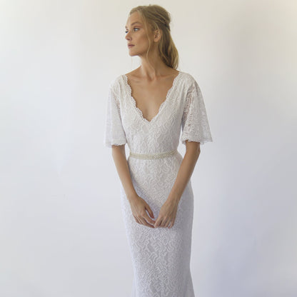 Delphine ivory butterfly sleeve lace sheath gown, additional view