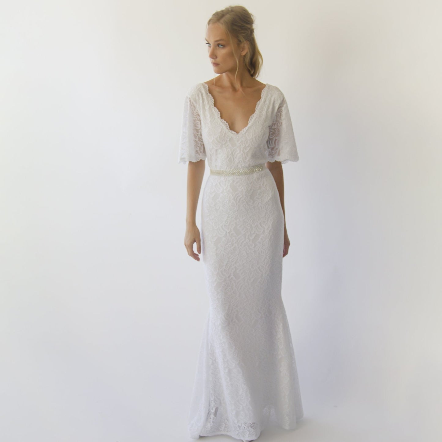 Delphine ivory lace sheath gown, front view with the beaded sash belt