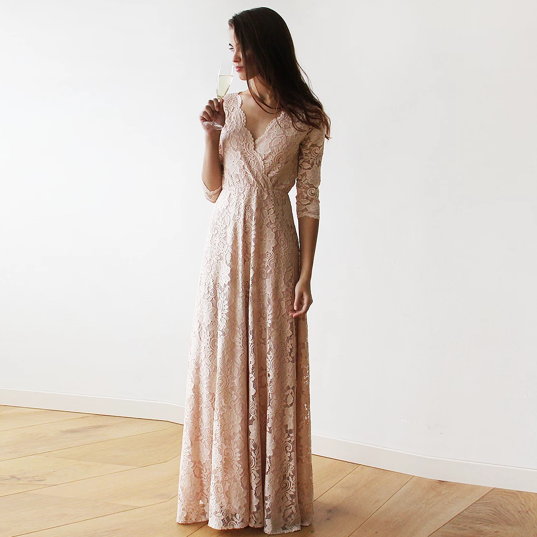 Ondine blush lace wrap gown, additional front view