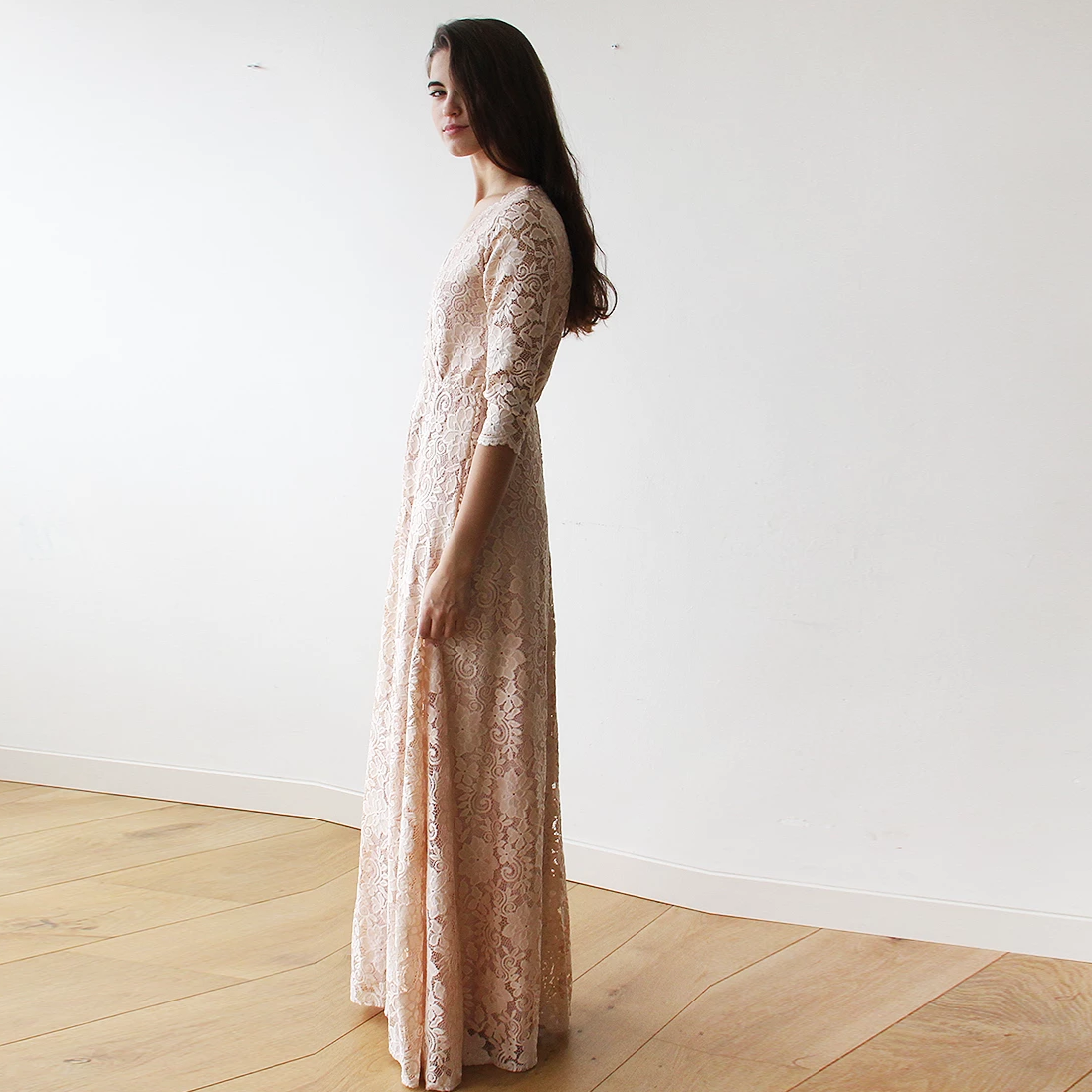 Ondine blush lace wrap gown, full length on the model