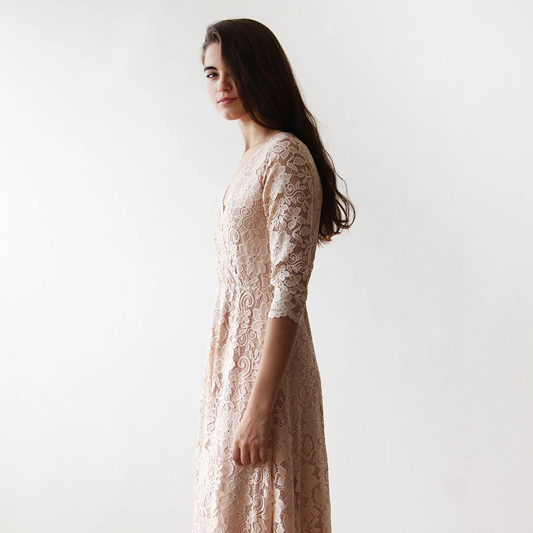Ondine blush lace wrap gown size and measurement chart