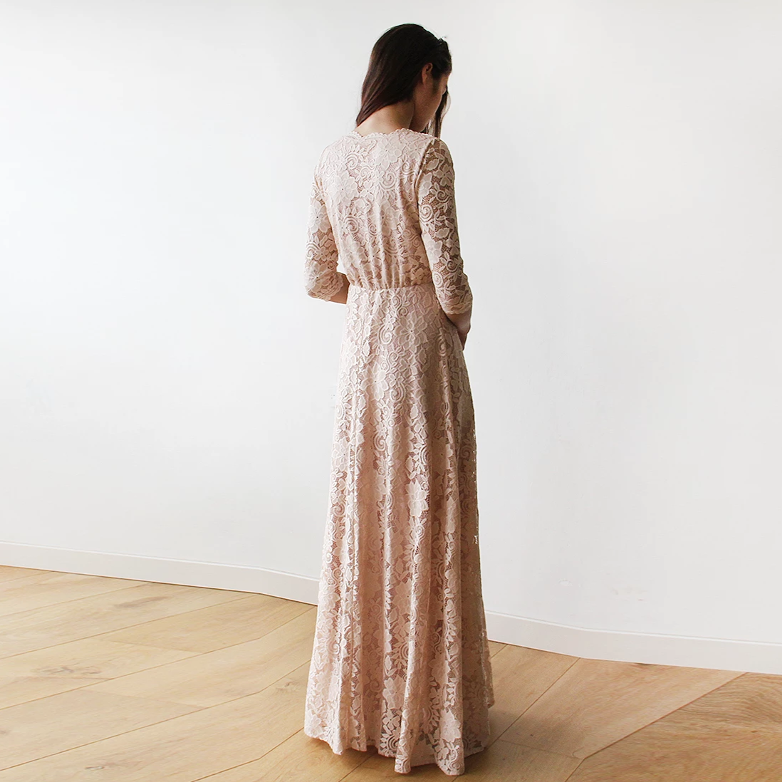 Back view of the Ondine blush lace wrap gown